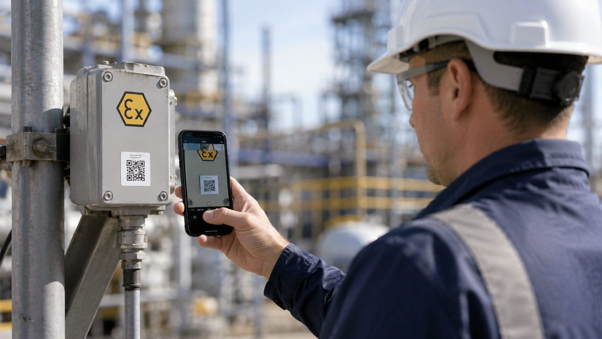 Inspector scanning the QR label on an Ex junction box in a process plant