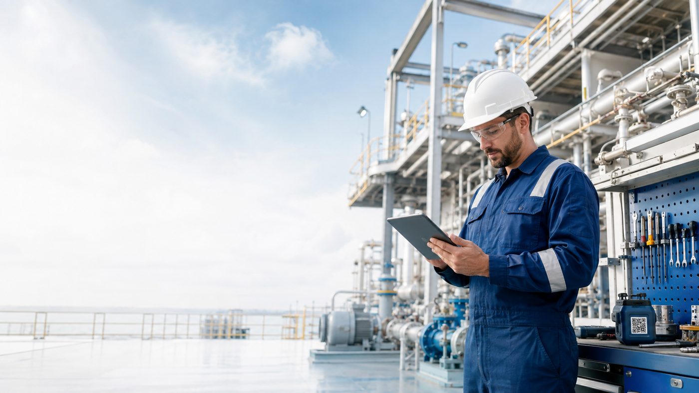 Engineer using an EngToolbox web application on a tablet at an oil and gas plant