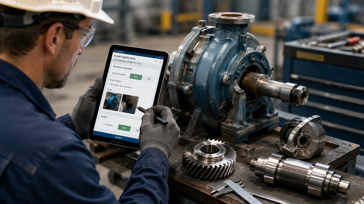 Engineer completing a pump inspection checklist on a tablet in the workshop
