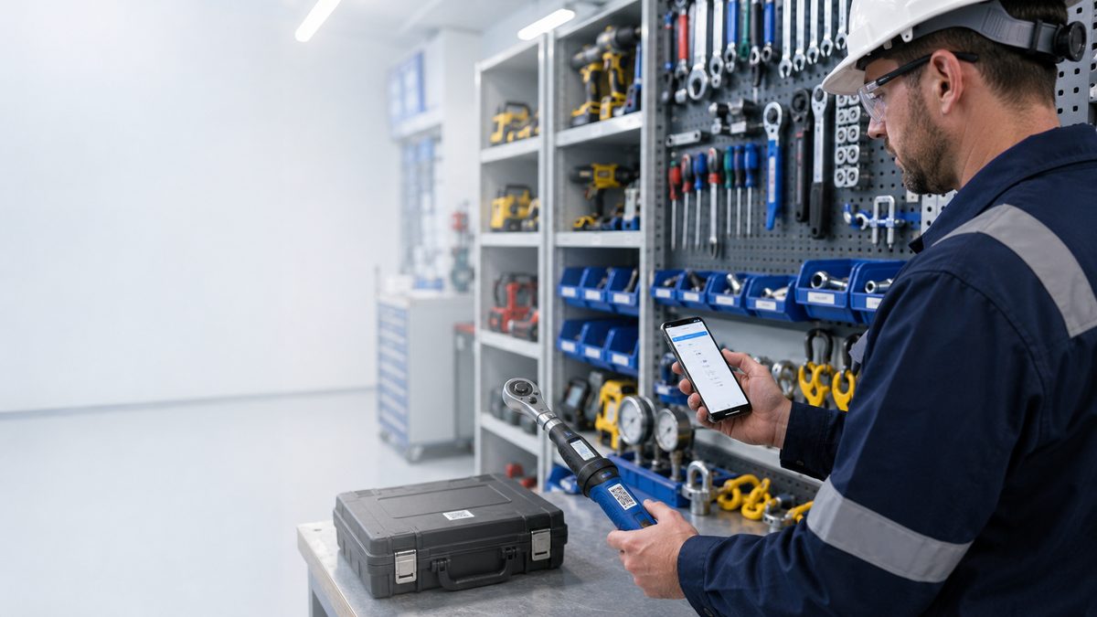 Technician signing a torque wrench out of the tool crib with a phone